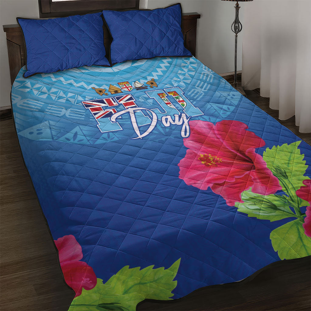 Bula Fiji Day Quilt Bed Set Traditional Tapa Pattern With Hibiscus LT05 Blue - Polynesian Pride