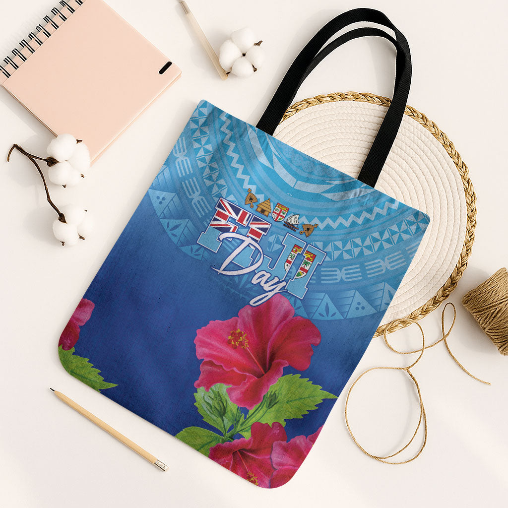 Bula Fiji Day Tote Bag Traditional Tapa Pattern With Hibiscus