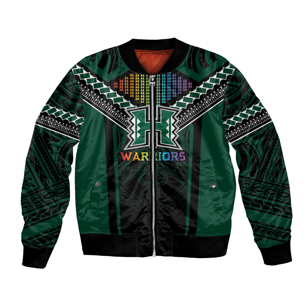 Custom Hawaii Warriors Football Bomber Jacket Rainbow Kakau Pattern Black