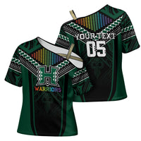Custom Hawaii Warriors Football Cross Shoulder Shirt Rainbow Kakau Pattern Black LT05 - Polynesian Pride