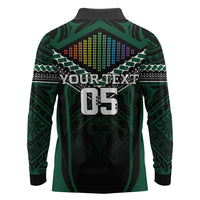 Custom Hawaii Warriors Football Long Sleeve Polo Shirt Rainbow Kakau Pattern Black LT05 - Polynesian Pride