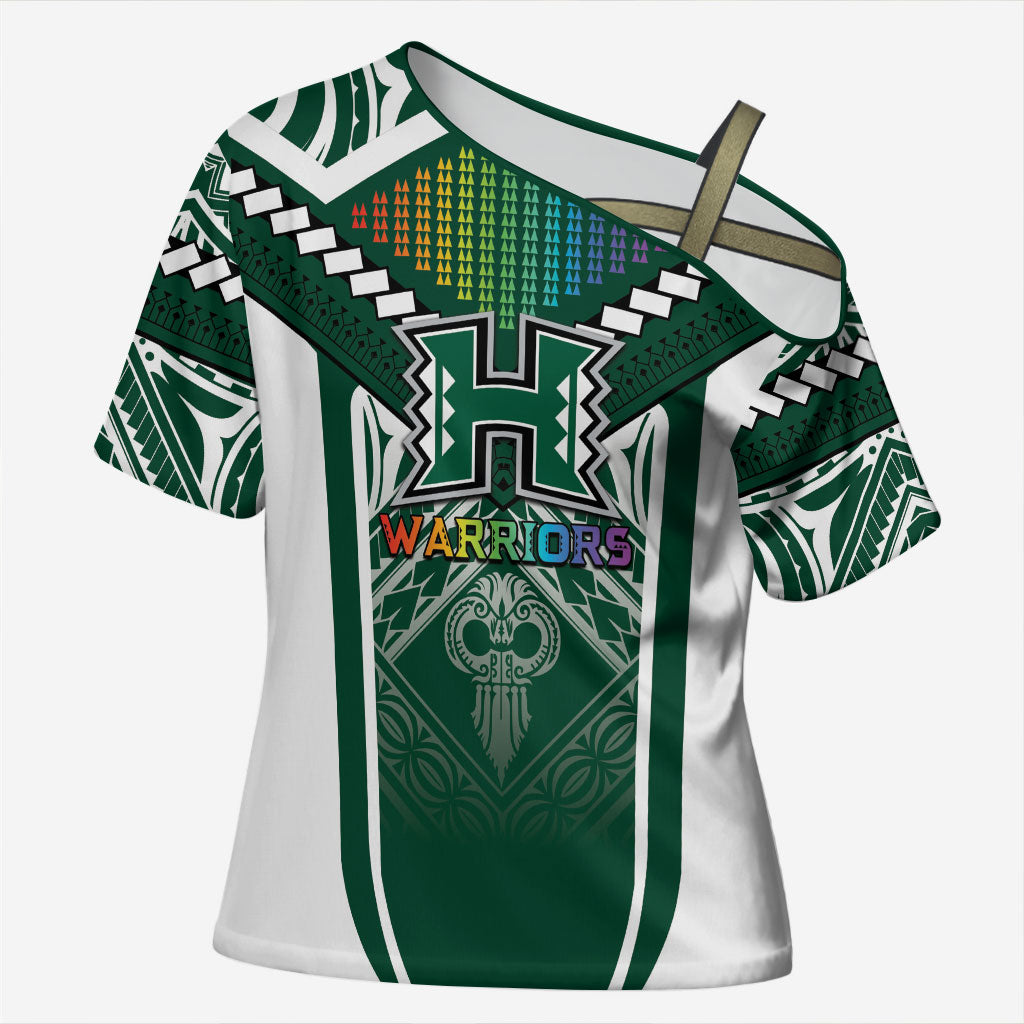 Custom Hawaii Warriors Football Cross Shoulder Shirt Rainbow Kakau Pattern Green LT05 Female Green - Polynesian Pride