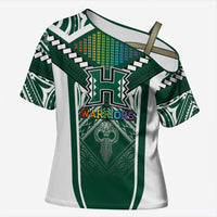 Custom Hawaii Warriors Football Cross Shoulder Shirt Rainbow Kakau Pattern Green LT05 Female Green - Polynesian Pride