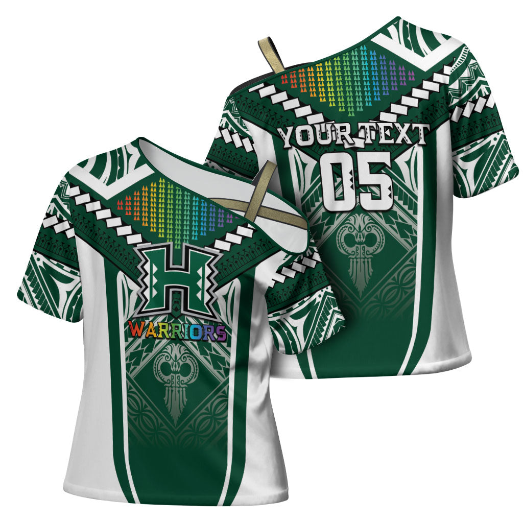 Custom Hawaii Warriors Football Cross Shoulder Shirt Rainbow Kakau Pattern Green LT05 - Polynesian Pride