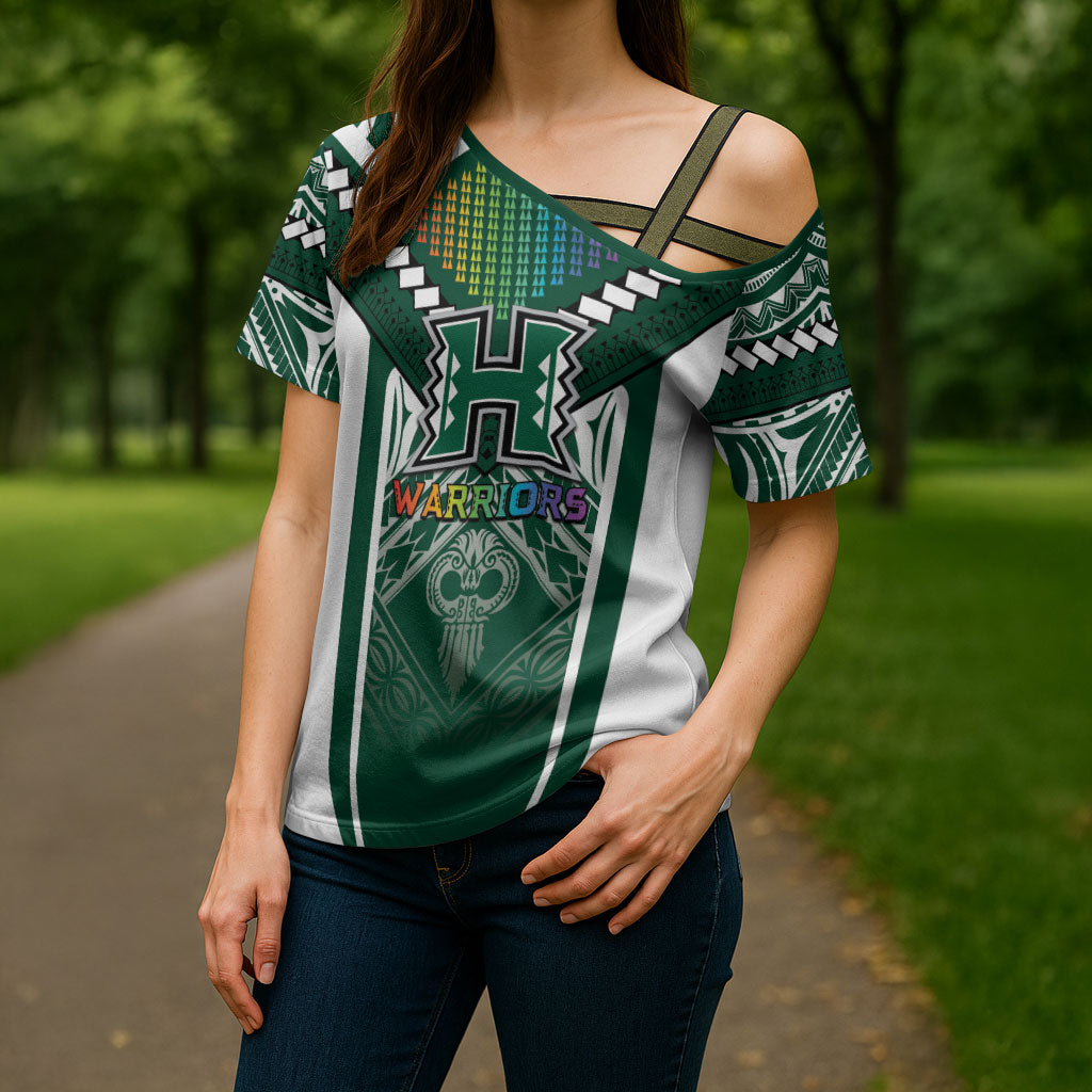 Custom Hawaii Warriors Football Cross Shoulder Shirt Rainbow Kakau Pattern Green LT05 - Polynesian Pride