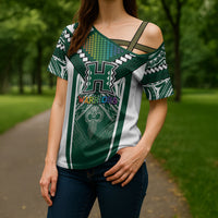 Custom Hawaii Warriors Football Cross Shoulder Shirt Rainbow Kakau Pattern Green LT05 - Polynesian Pride