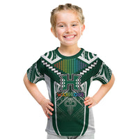 Custom Hawaii Warriors Football Kid T Shirt Rainbow Kakau Pattern Green LT05 Green - Polynesian Pride