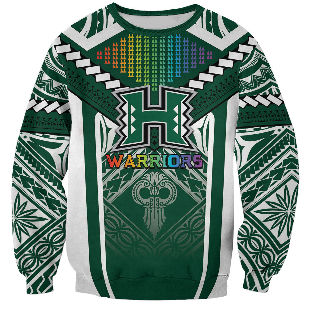 Custom Hawaii Warriors Football Sweatshirt Rainbow Kakau Pattern Green