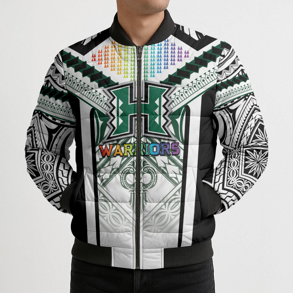 Custom Hawaii Warriors Football Bomber Puffer Jacket Rainbow Kakau Pattern White LT05 - Polynesian Pride