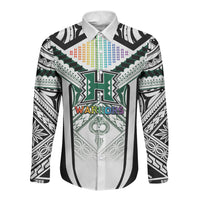 Custom Hawaii Warriors Football Long Sleeve Button Shirt Rainbow Kakau Pattern White LT05 Unisex White - Polynesian Pride