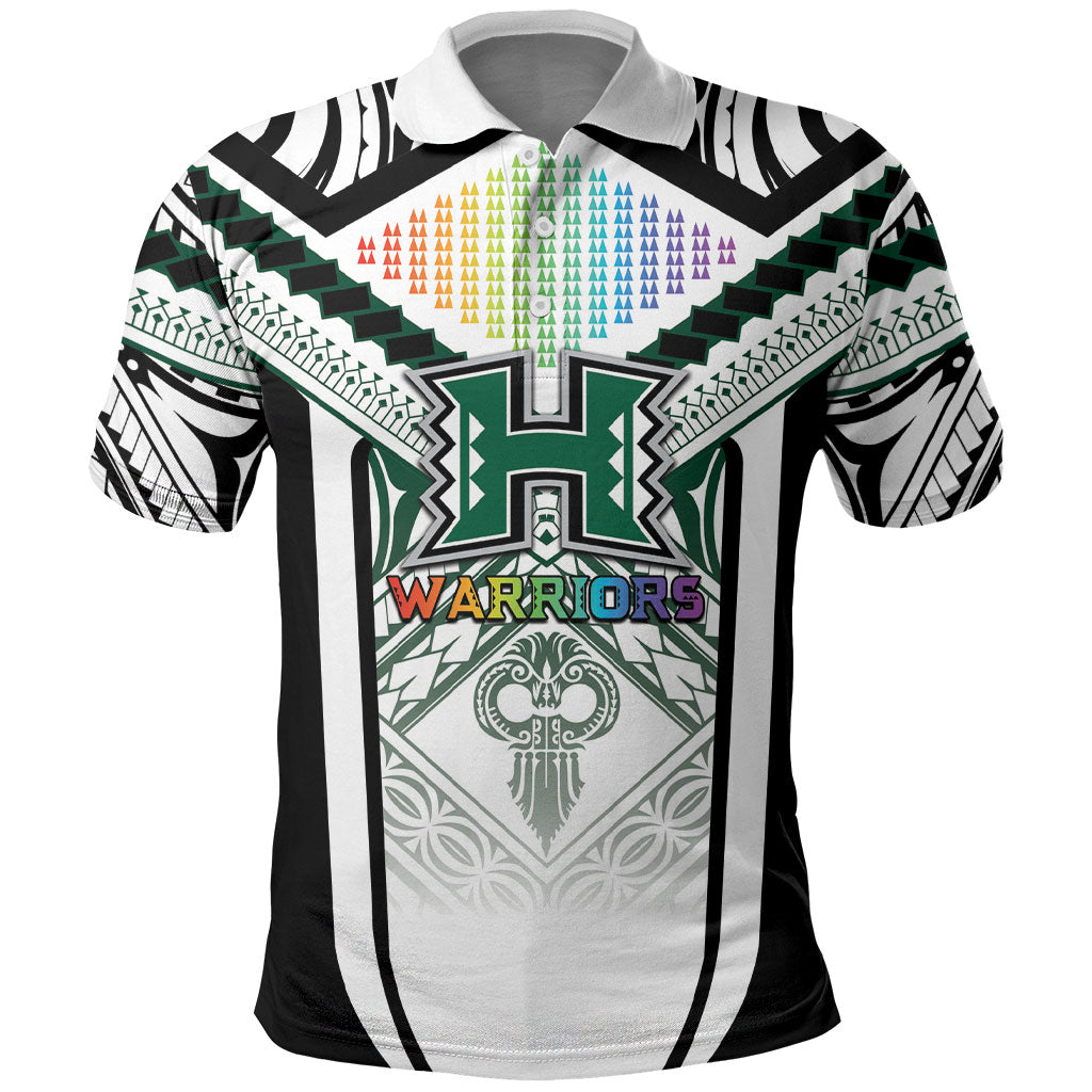Custom Hawaii Warriors Football Polo Shirt Rainbow Kakau Pattern White LT05 White - Polynesian Pride