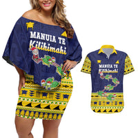 Tokelau Christmas Couples Matching Off Shoulder Short Dress and Hawaiian Shirt Tokelauan Turtle Santa Sleigh LT05 Yellow - Polynesian Pride
