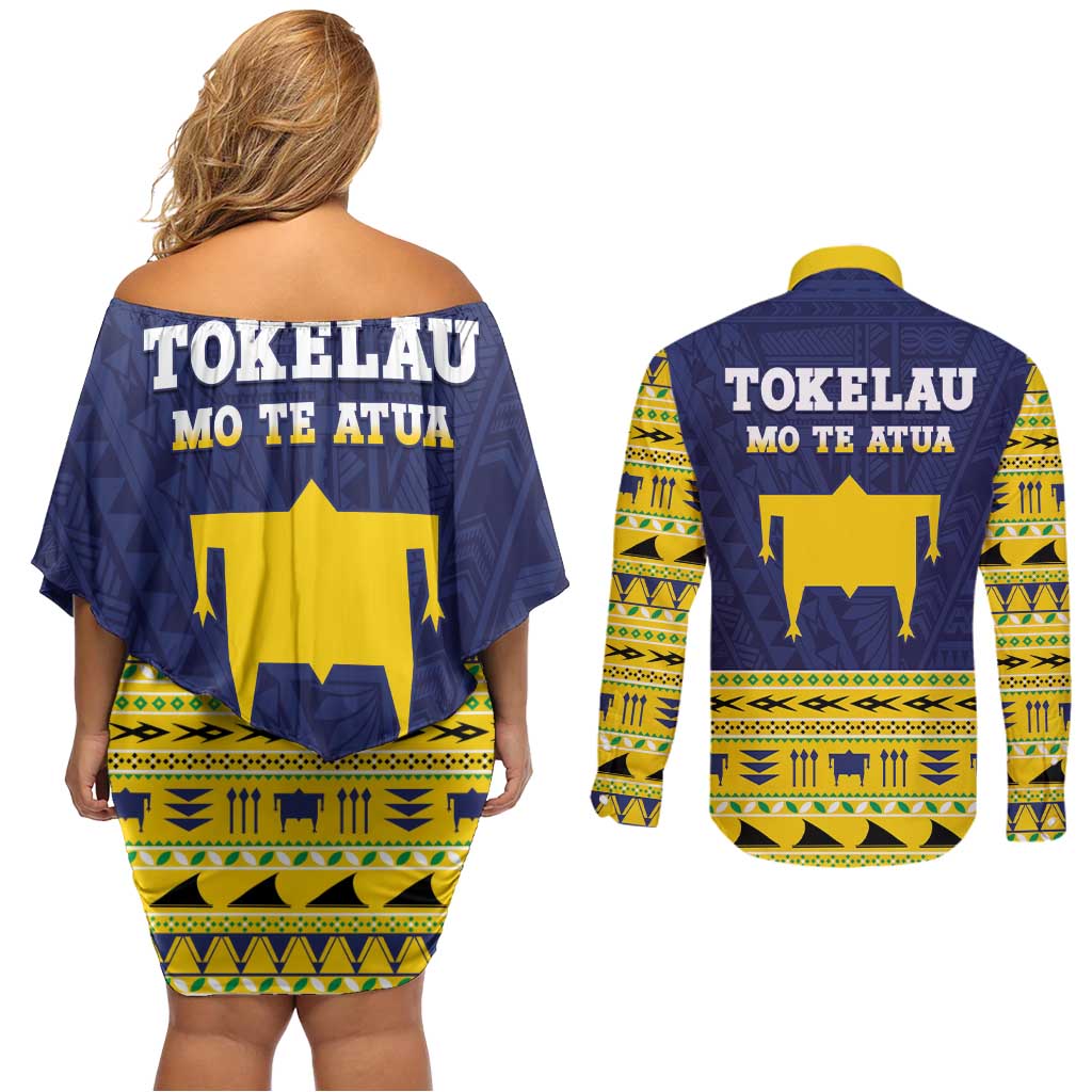 Tokelau Christmas Couples Matching Off Shoulder Short Dress and Long Sleeve Button Shirt Tokelauan Turtle Santa Sleigh