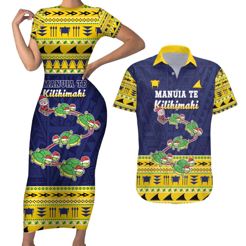 Tokelau Christmas Couples Matching Short Sleeve Bodycon Dress and Hawaiian Shirt Tokelauan Turtle Santa Sleigh LT05 Yellow - Polynesian Pride