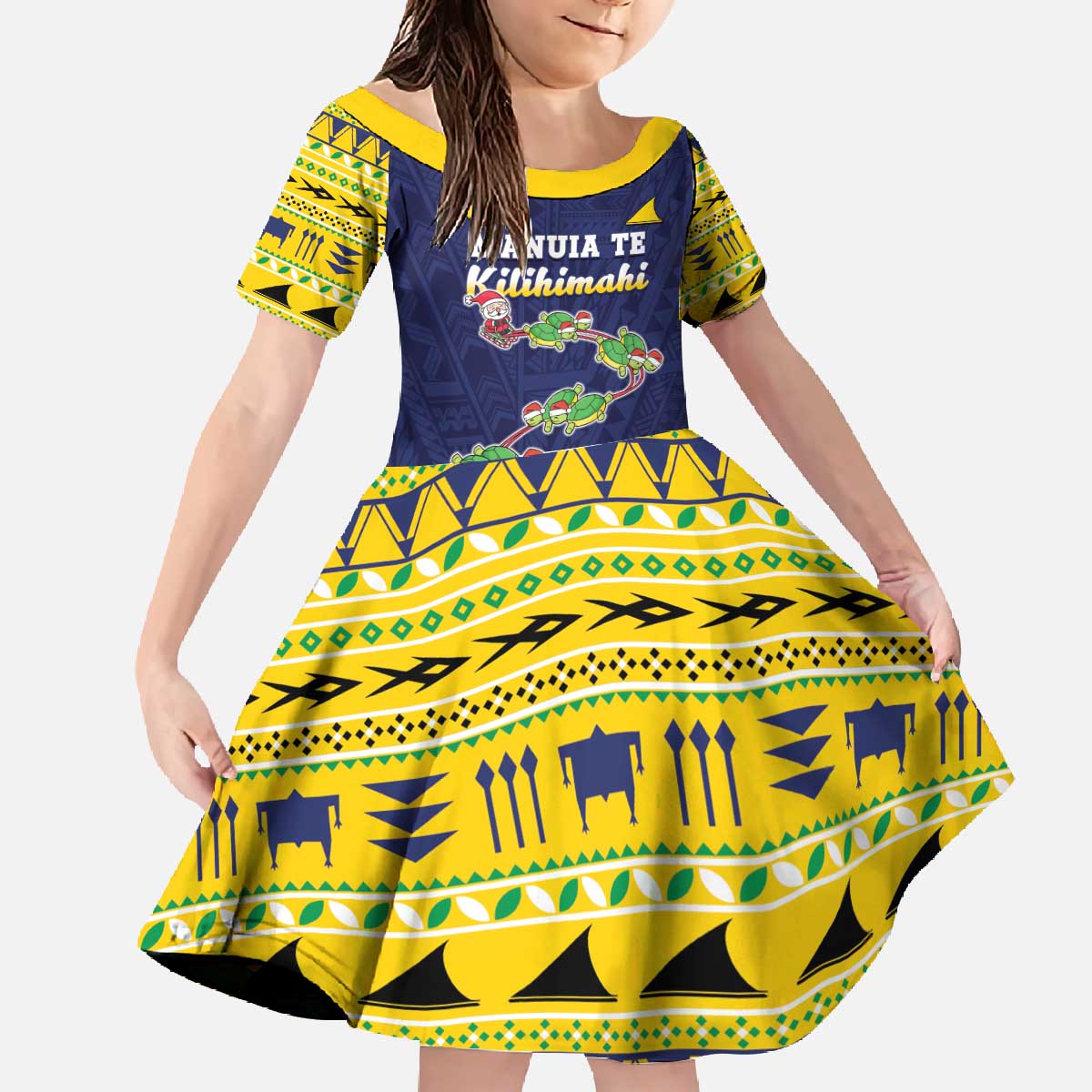Tokelau Christmas Family Matching Off The Shoulder Long Sleeve Dress and Hawaiian Shirt Tokelauan Turtle Santa Sleigh LT05 Daughter's Dress Yellow - Polynesian Pride