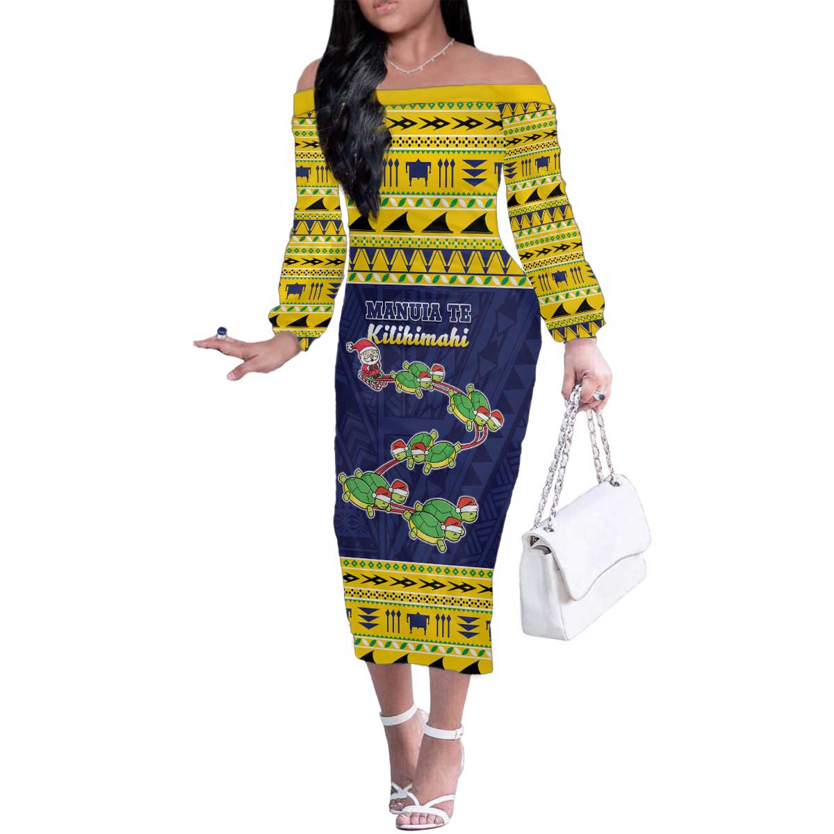 Tokelau Christmas Family Matching Off The Shoulder Long Sleeve Dress and Hawaiian Shirt Tokelauan Turtle Santa Sleigh LT05 Mom's Dress Yellow - Polynesian Pride