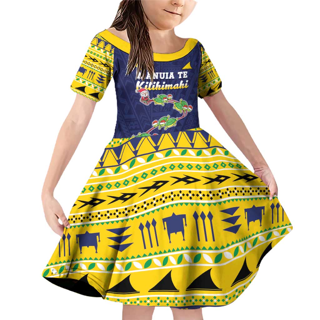 Tokelau Christmas Family Matching Off Shoulder Short Dress and Hawaiian Shirt Tokelauan Turtle Santa Sleigh LT05 Daughter's Dress Yellow - Polynesian Pride