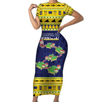 Tokelau Christmas Short Sleeve Bodycon Dress Tokelauan Turtle Santa Sleigh LT05 Long Dress Yellow - Polynesian Pride