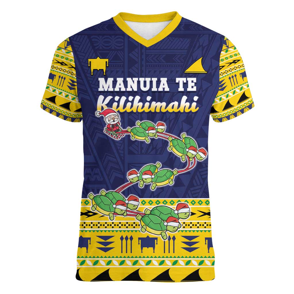 Tokelau Christmas Women V-Neck T-Shirt Tokelauan Turtle Santa Sleigh LT05 Female Yellow - Polynesian Pride