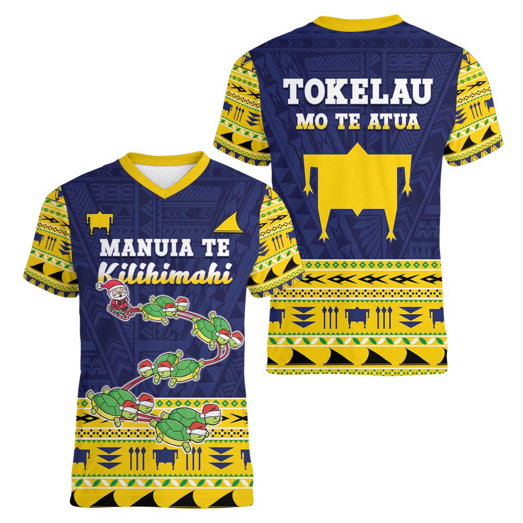 Tokelau Christmas Women V-Neck T-Shirt Tokelauan Turtle Santa Sleigh LT05 - Polynesian Pride