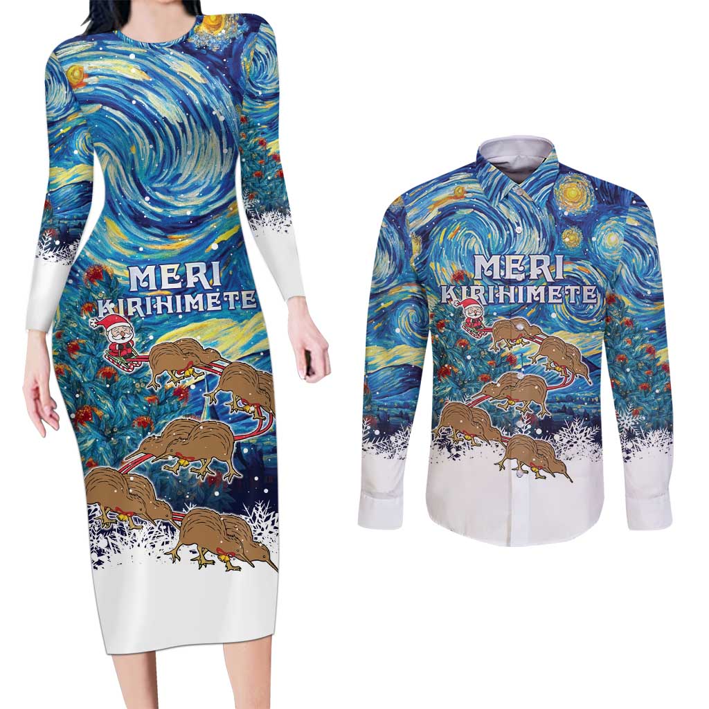 New Zealand Christmas Couples Matching Long Sleeve Bodycon Dress and Long Sleeve Button Shirt Kiwis Santa Sleigh Starry Night Style LT05 Blue - Polynesian Pride