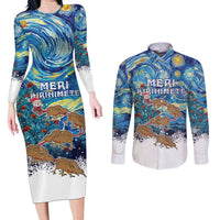 New Zealand Christmas Couples Matching Long Sleeve Bodycon Dress and Long Sleeve Button Shirt Kiwis Santa Sleigh Starry Night Style LT05 Blue - Polynesian Pride