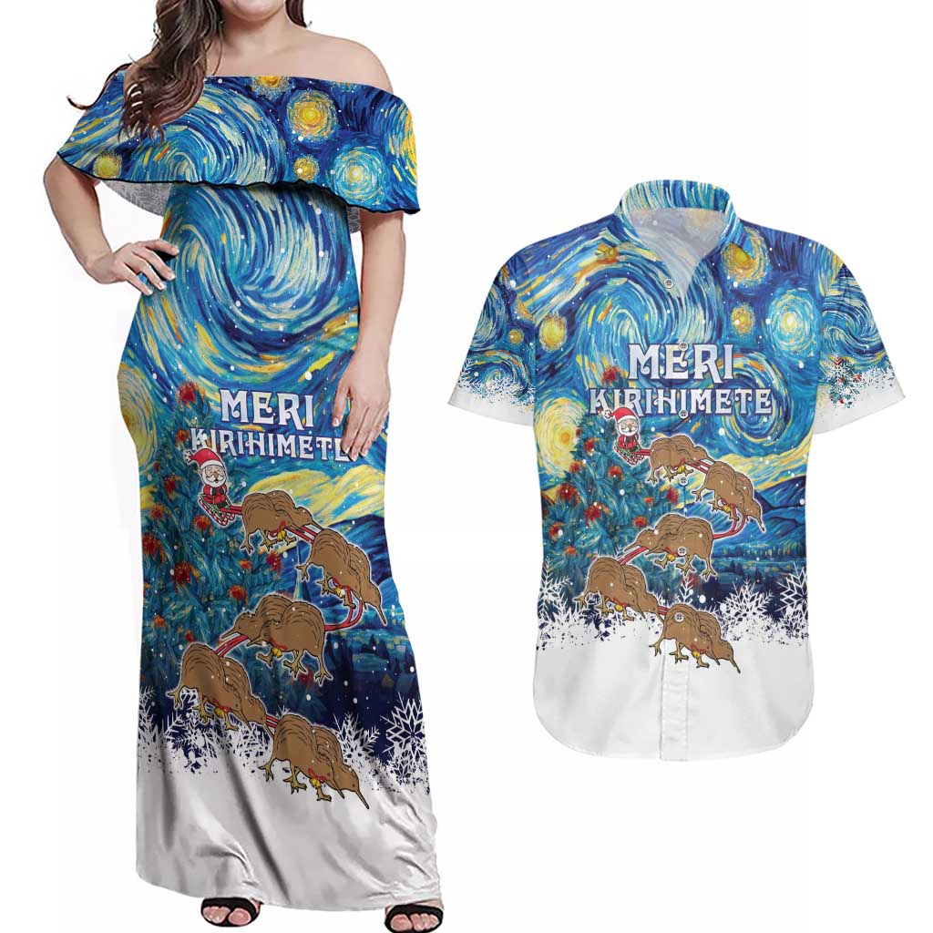 New Zealand Christmas Couples Matching Off Shoulder Maxi Dress and Hawaiian Shirt Kiwis Santa Sleigh Starry Night Style LT05 Blue - Polynesian Pride