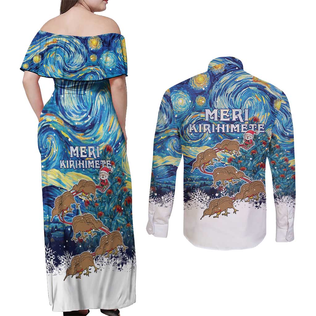 New Zealand Christmas Couples Matching Off Shoulder Maxi Dress and Long Sleeve Button Shirt Kiwis Santa Sleigh Starry Night Style LT05 - Polynesian Pride