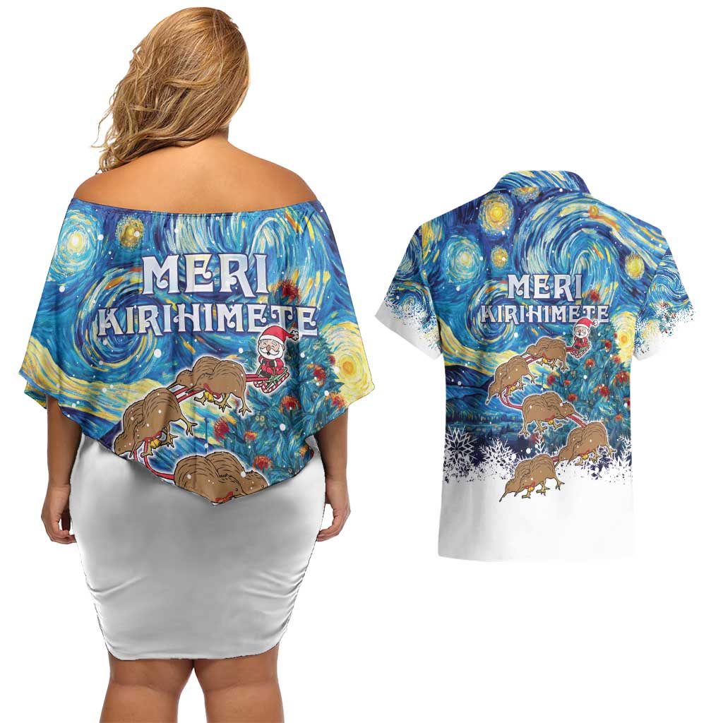 New Zealand Christmas Couples Matching Off Shoulder Short Dress and Hawaiian Shirt Kiwis Santa Sleigh Starry Night Style LT05 - Polynesian Pride