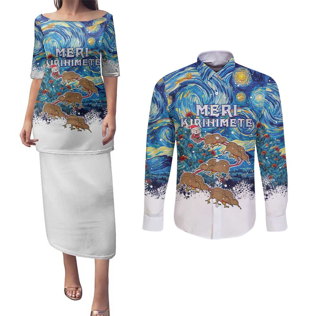 New Zealand Christmas Couples Matching Puletasi and Long Sleeve Button Shirt Kiwis Santa Sleigh Starry Night Style LT05 Blue - Polynesian Pride