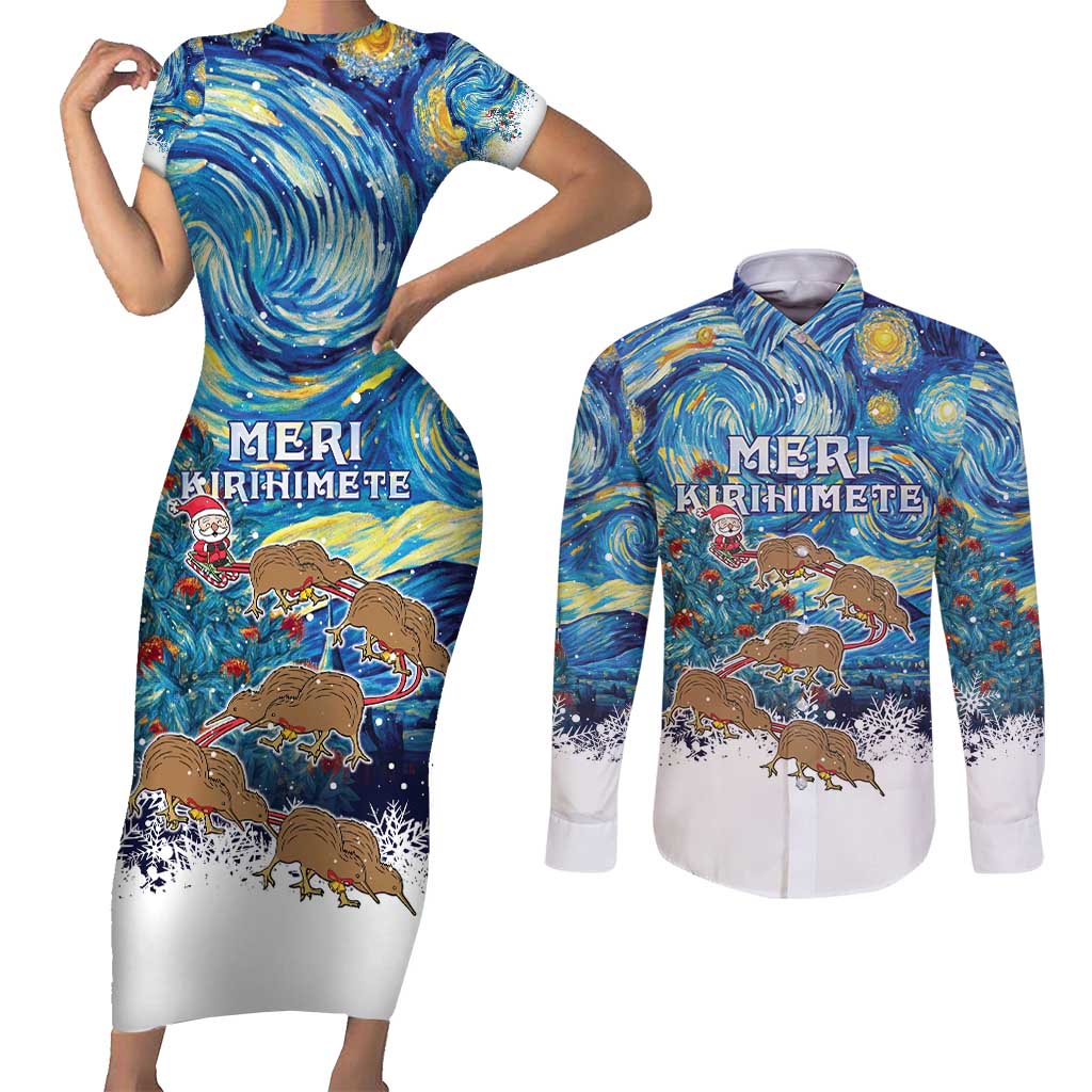 New Zealand Christmas Couples Matching Short Sleeve Bodycon Dress and Long Sleeve Button Shirt Kiwis Santa Sleigh Starry Night Style LT05 Blue - Polynesian Pride