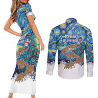 New Zealand Christmas Couples Matching Short Sleeve Bodycon Dress and Long Sleeve Button Shirt Kiwis Santa Sleigh Starry Night Style LT05 - Polynesian Pride