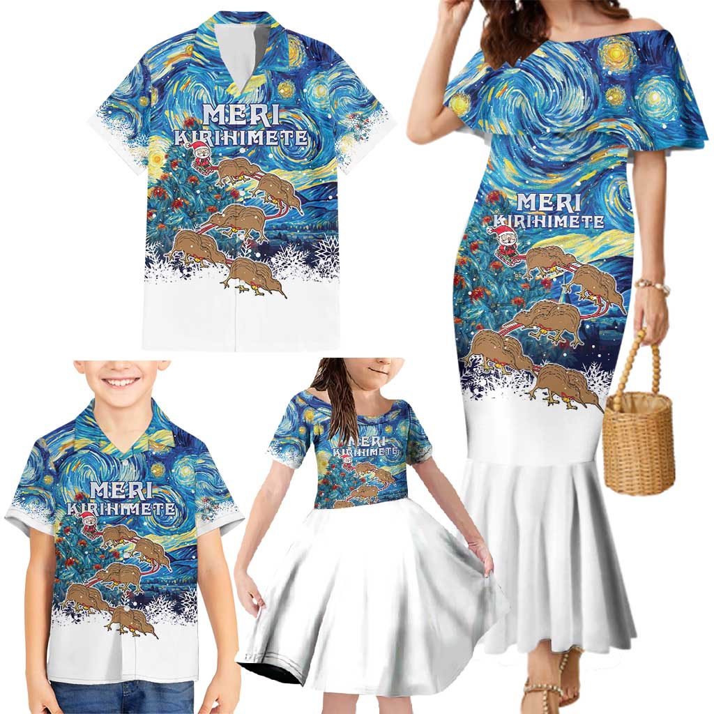 New Zealand Christmas Family Matching Mermaid Dress and Hawaiian Shirt Kiwis Santa Sleigh Starry Night Style LT05 - Polynesian Pride