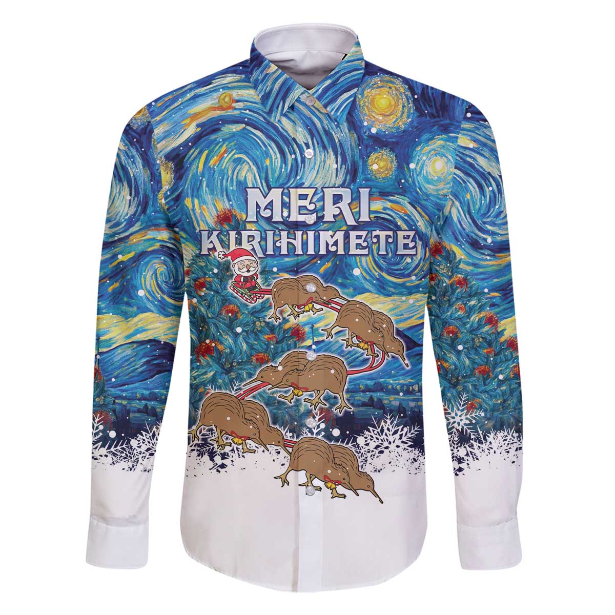 New Zealand Christmas Family Matching Off The Shoulder Long Sleeve Dress and Hawaiian Shirt Kiwis Santa Sleigh Starry Night Style LT05 Dad's Shirt - Long Sleeve Blue - Polynesian Pride