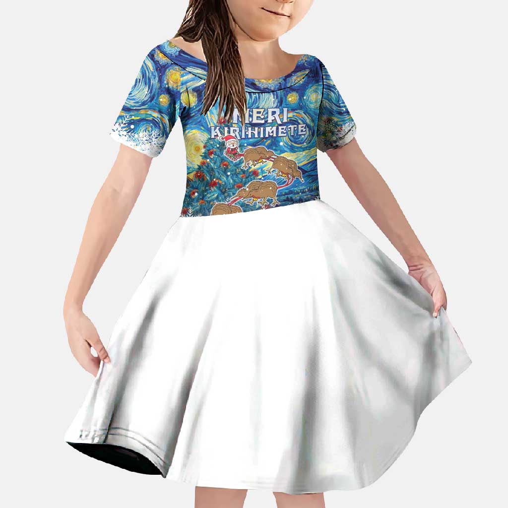 New Zealand Christmas Family Matching Off Shoulder Maxi Dress and Hawaiian Shirt Kiwis Santa Sleigh Starry Night Style LT05 Daughter's Dress Blue - Polynesian Pride