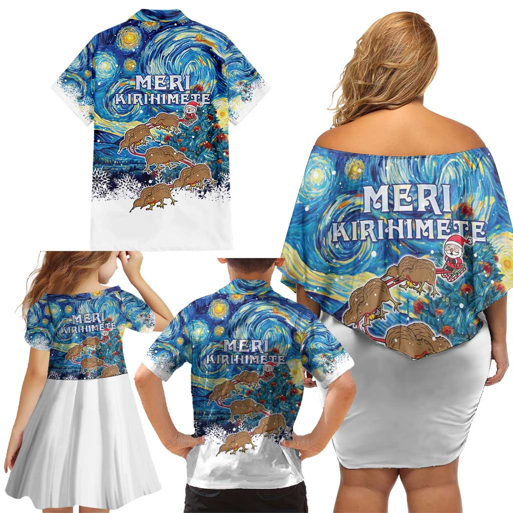New Zealand Christmas Family Matching Off Shoulder Short Dress and Hawaiian Shirt Kiwis Santa Sleigh Starry Night Style LT05 - Polynesian Pride