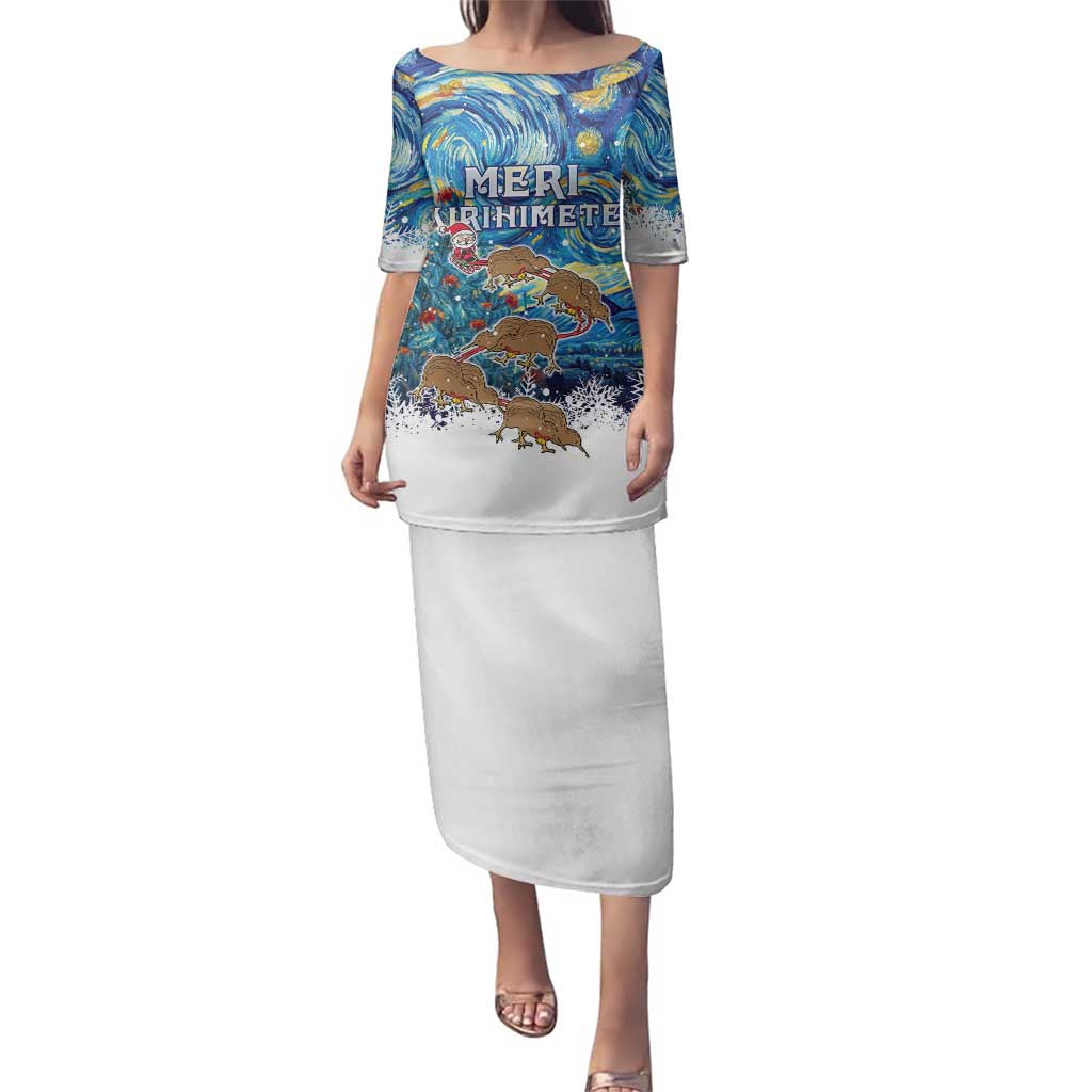 New Zealand Christmas Family Matching Puletasi and Hawaiian Shirt Kiwis Santa Sleigh Starry Night Style LT05 Mom's Dress Blue - Polynesian Pride