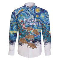 New Zealand Christmas Family Matching Short Sleeve Bodycon Dress and Hawaiian Shirt Kiwis Santa Sleigh Starry Night Style LT05 Dad's Shirt - Long Sleeve Blue - Polynesian Pride