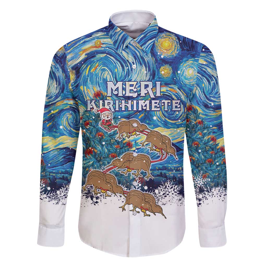 New Zealand Christmas Family Matching Summer Maxi Dress and Hawaiian Shirt Kiwis Santa Sleigh Starry Night Style LT05 Dad's Shirt - Long Sleeve Blue - Polynesian Pride