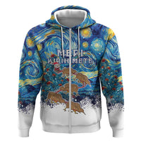 New Zealand Christmas Hoodie Kiwis Santa Sleigh Starry Night Style LT05 Zip Hoodie Blue - Polynesian Pride