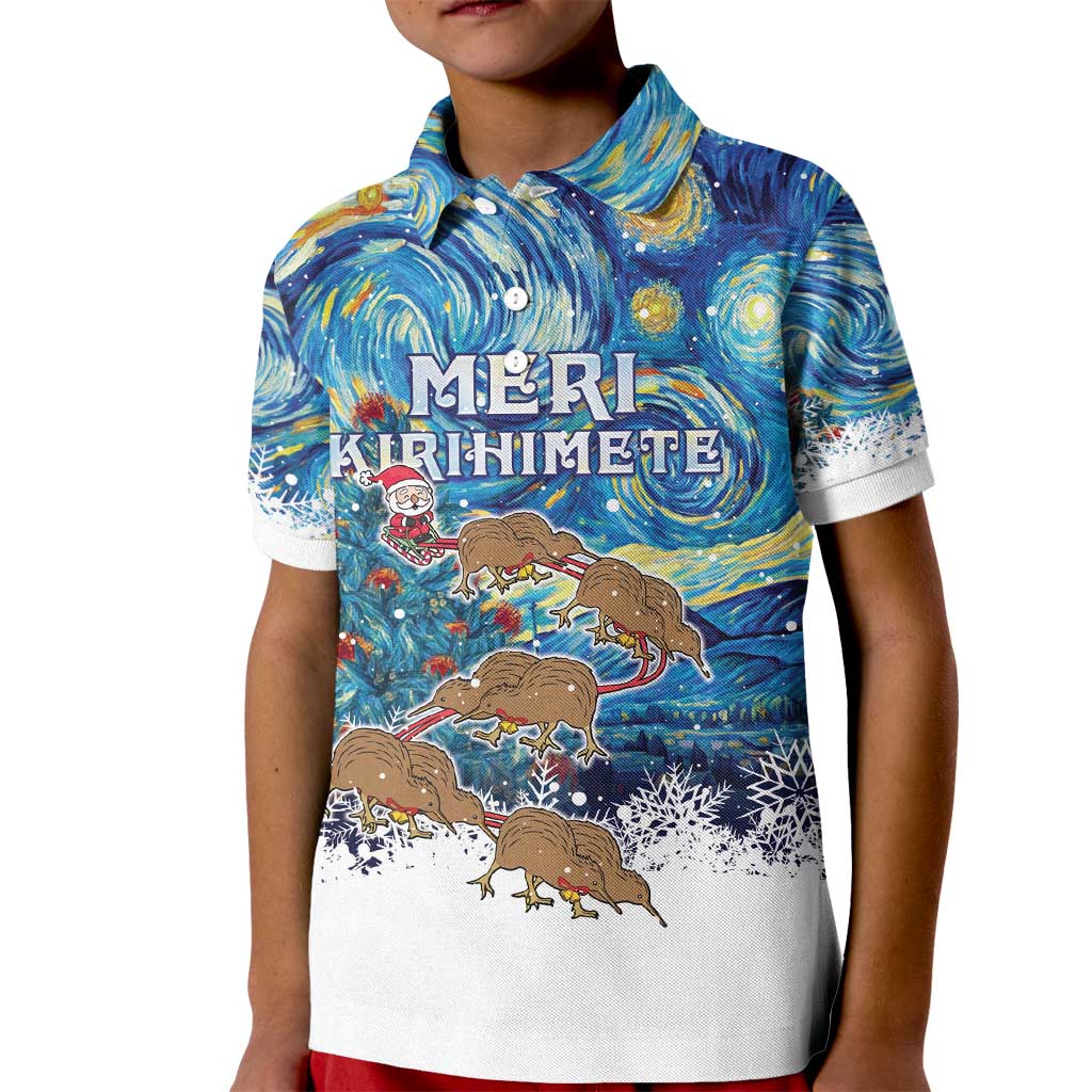 New Zealand Christmas Kid Polo Shirt Kiwis Santa Sleigh Starry Night Style LT05 Kid Blue - Polynesian Pride