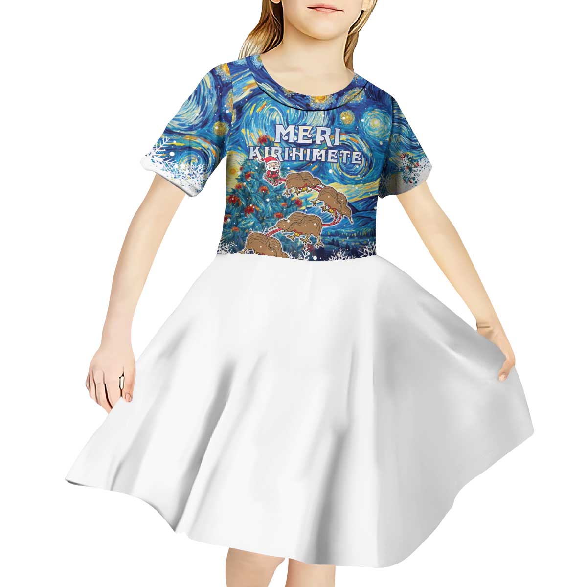 New Zealand Christmas Kid Short Sleeve Dress Kiwis Santa Sleigh Starry Night Style LT05 - Polynesian Pride