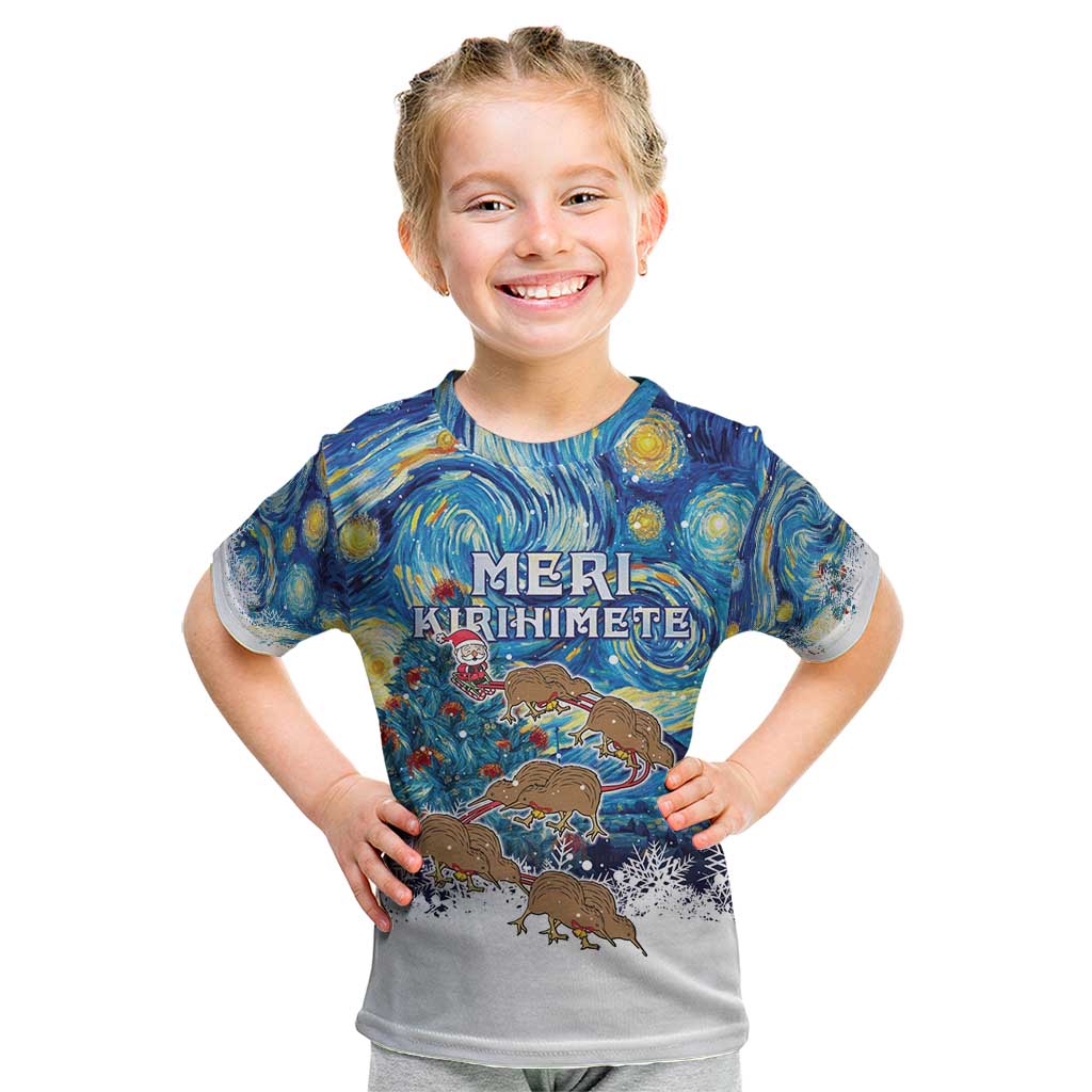 New Zealand Christmas Kid T Shirt Kiwis Santa Sleigh Starry Night Style LT05 Blue - Polynesian Pride