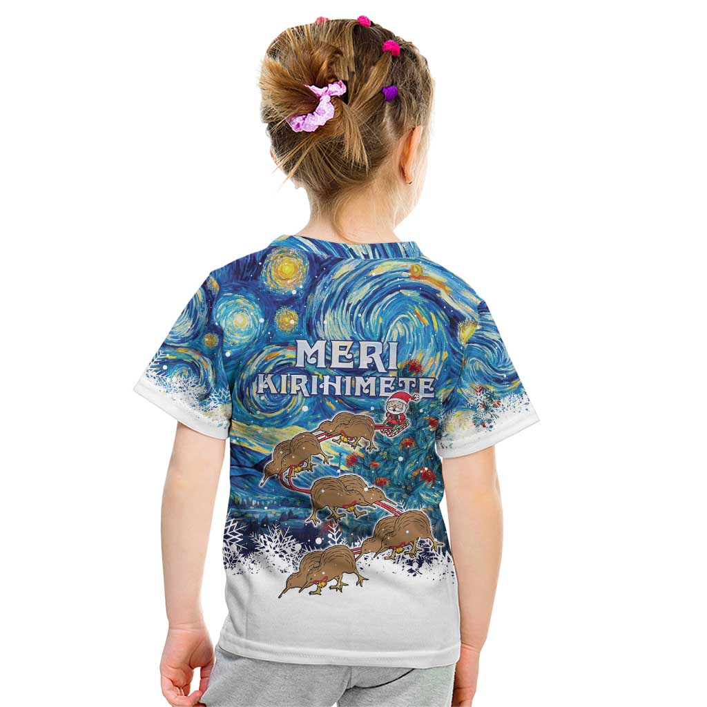 New Zealand Christmas Kid T Shirt Kiwis Santa Sleigh Starry Night Style LT05 - Polynesian Pride