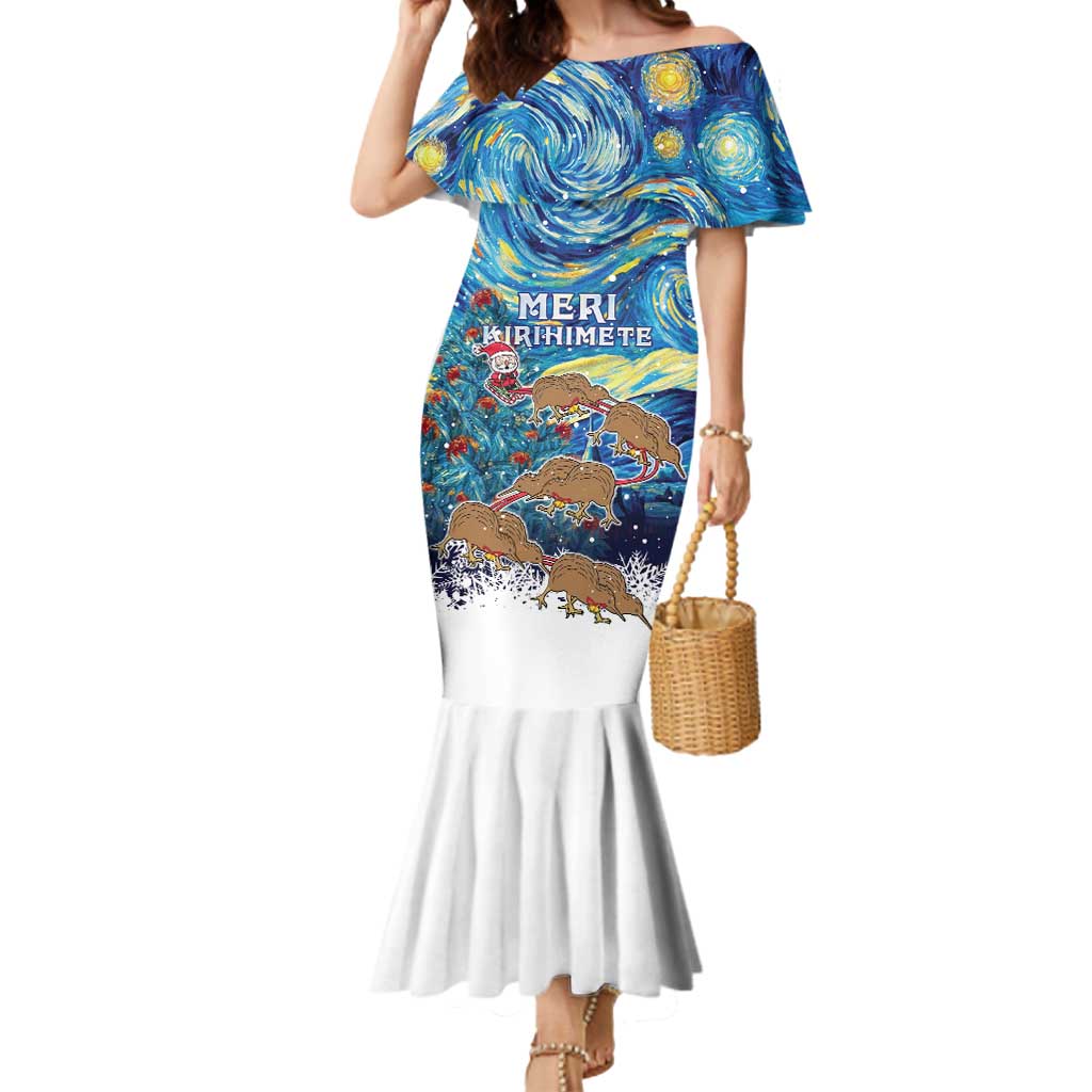 New Zealand Christmas Mermaid Dress Kiwis Santa Sleigh Starry Night Style LT05 Women Blue - Polynesian Pride