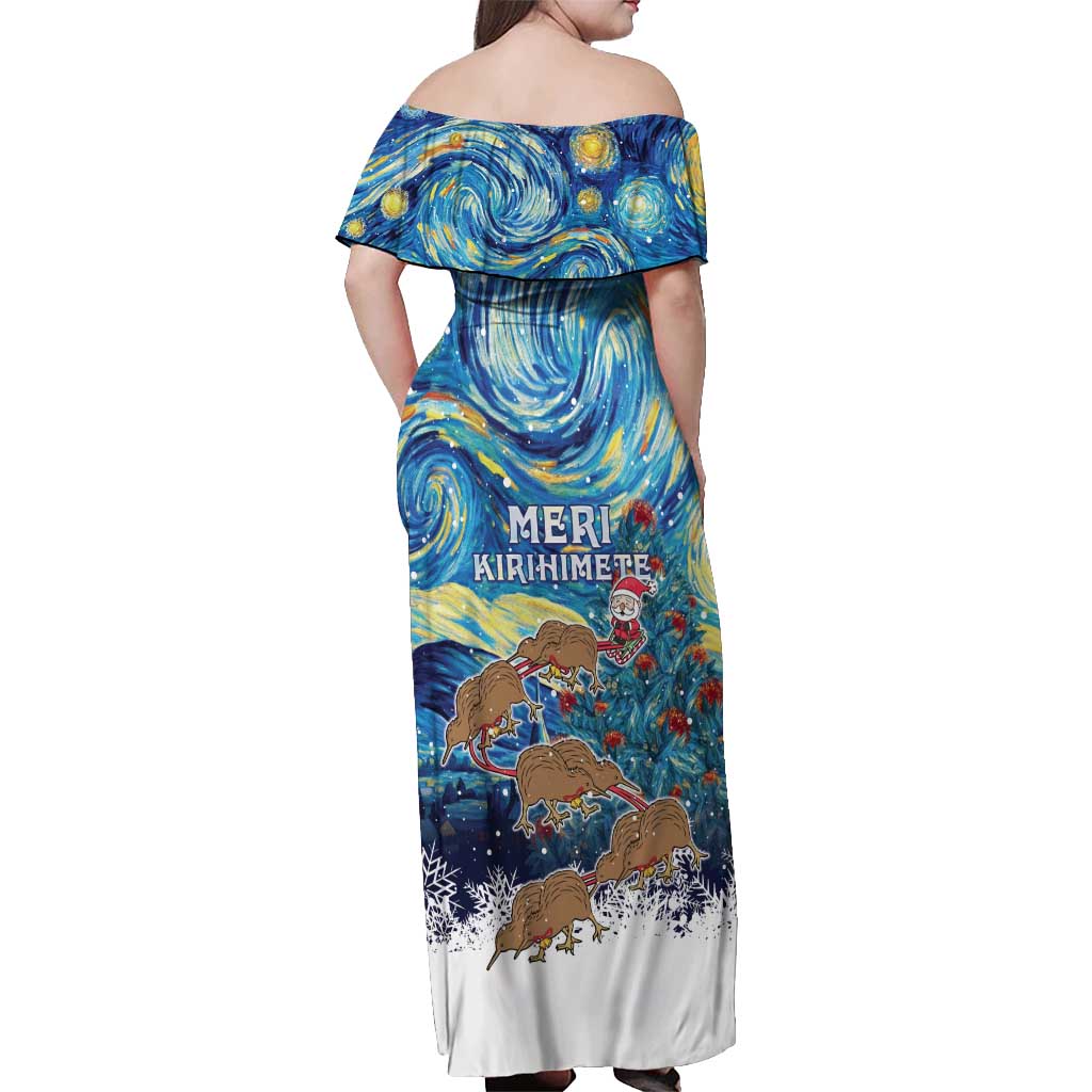 New Zealand Christmas Off Shoulder Maxi Dress Kiwis Santa Sleigh Starry Night Style LT05 - Polynesian Pride