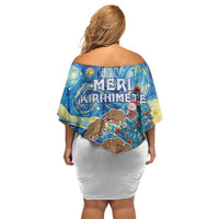 New Zealand Christmas Off Shoulder Short Dress Kiwis Santa Sleigh Starry Night Style LT05 - Polynesian Pride