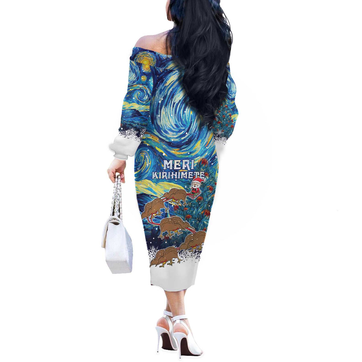 New Zealand Christmas Off The Shoulder Long Sleeve Dress Kiwis Santa Sleigh Starry Night Style LT05 - Polynesian Pride