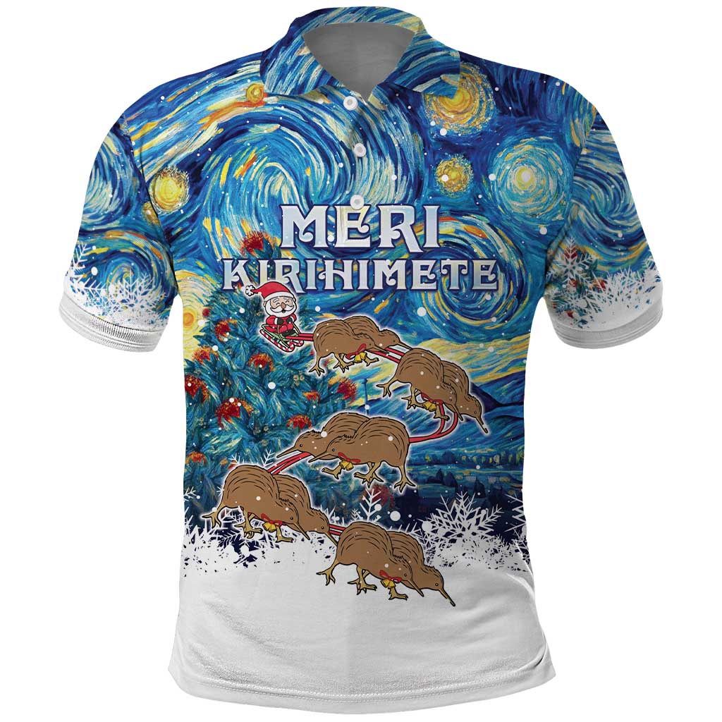 New Zealand Christmas Polo Shirt Kiwis Santa Sleigh Starry Night Style LT05 Blue - Polynesian Pride