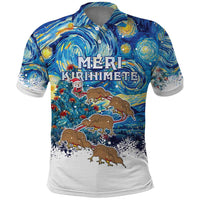New Zealand Christmas Polo Shirt Kiwis Santa Sleigh Starry Night Style LT05 Blue - Polynesian Pride